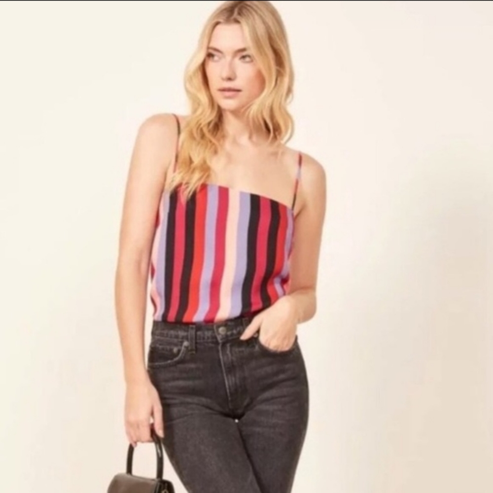 Reformation Multicolor Striped Silk Cami - Pink, Red, Purple, Black